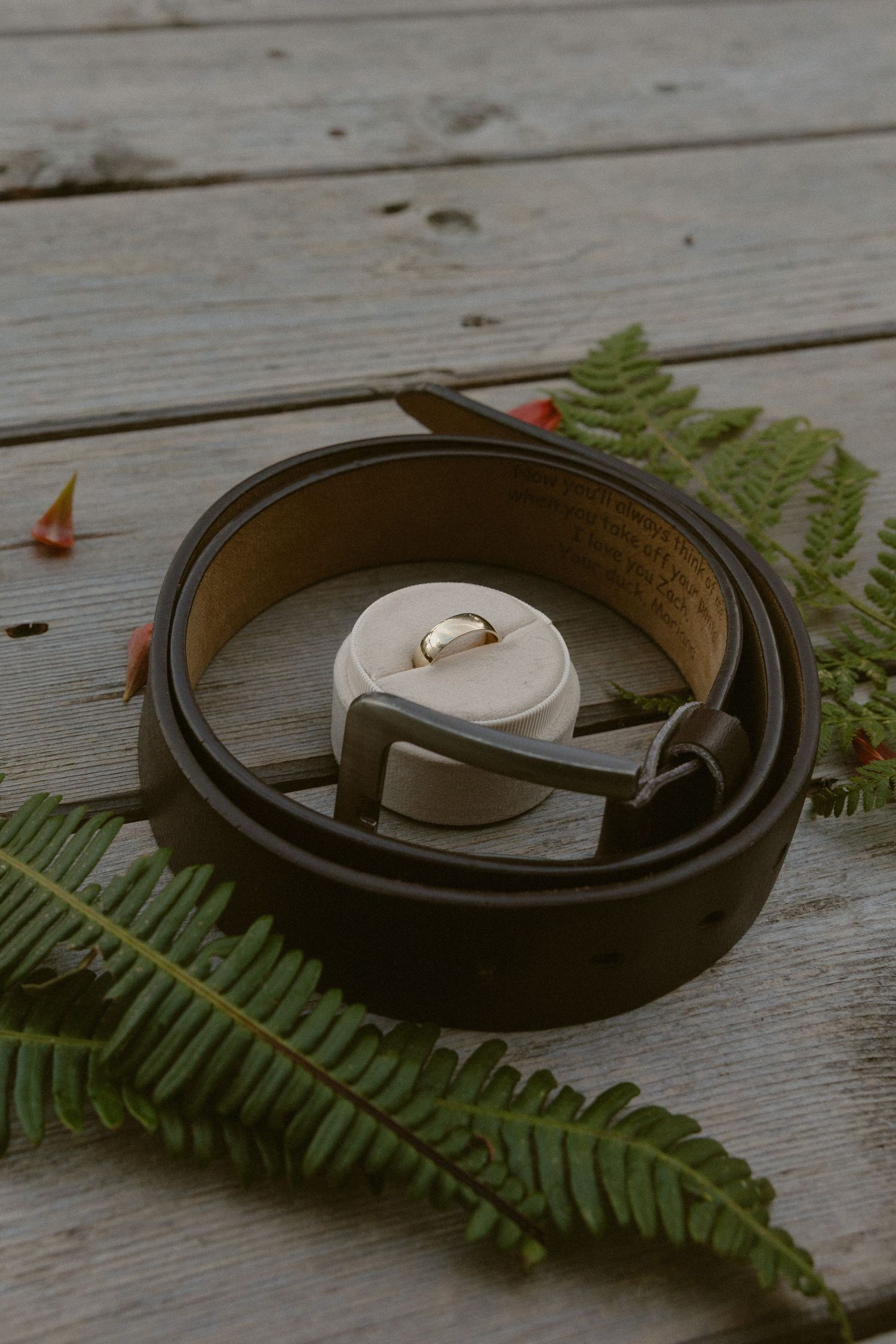 Wedding rings displayed on a rustic wooden surface with delicate fern leaves.