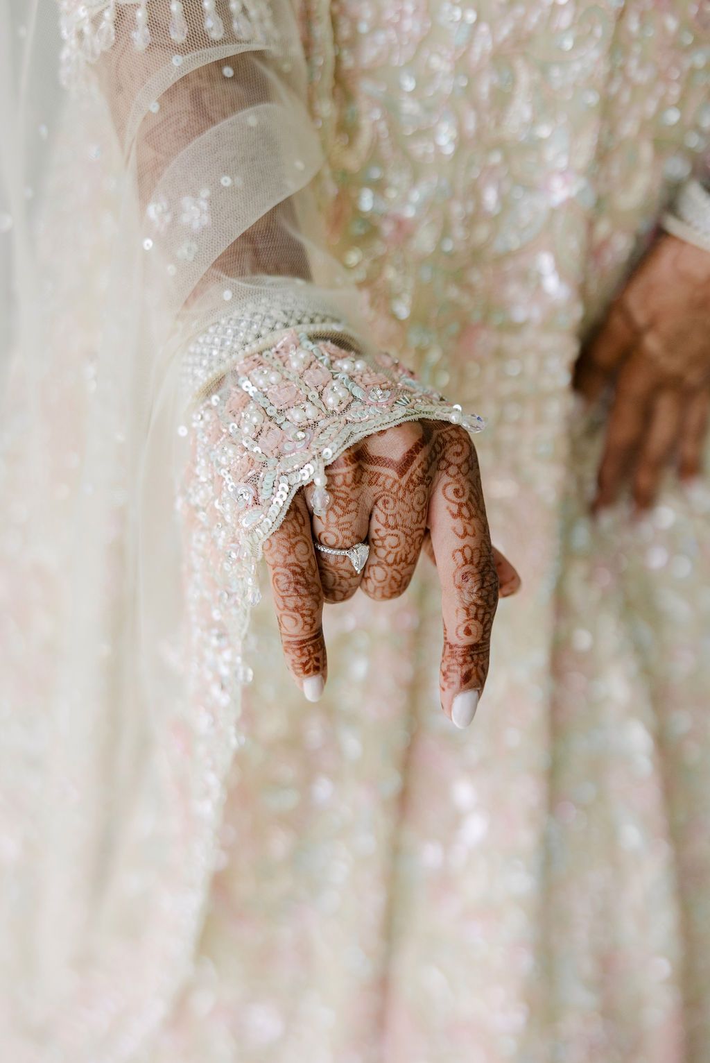 Delicate white lace fabric with intricate henna designs on hands visible through the material.