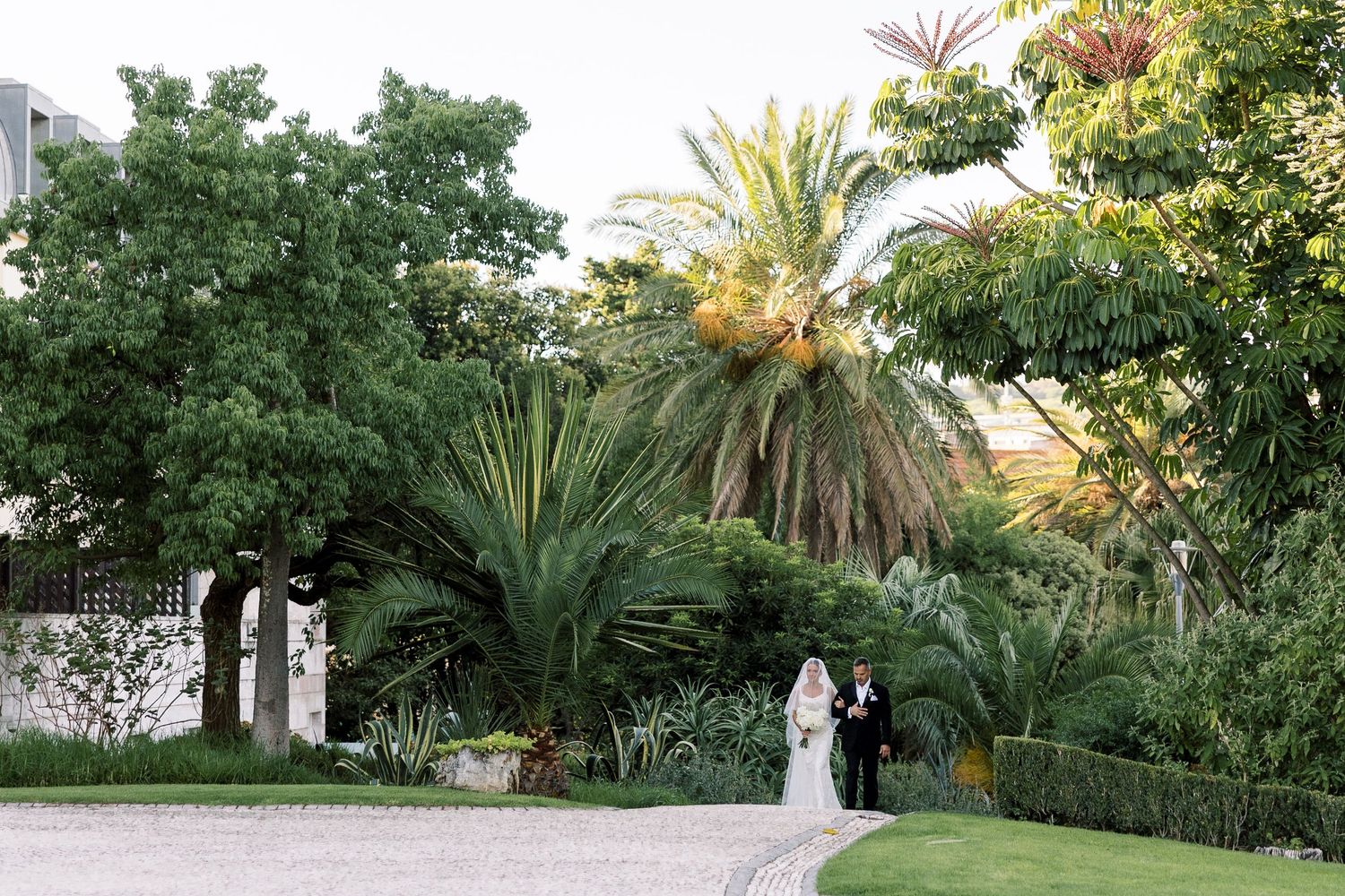 Outdoor wedding venue features palm trees and natural landscaping at sunset.