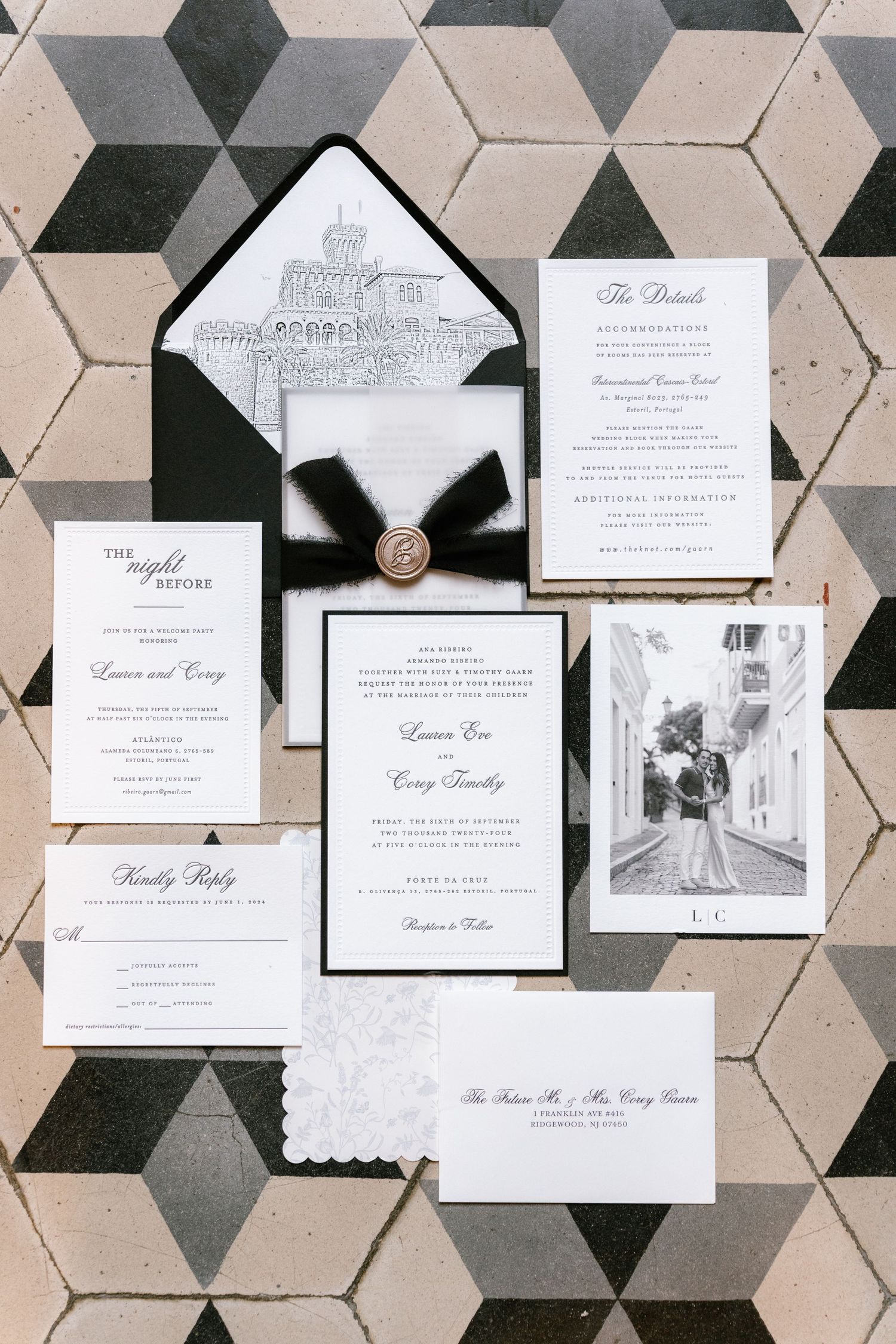 Elegant wedding invitation suite with geometric tile background and black accents.
