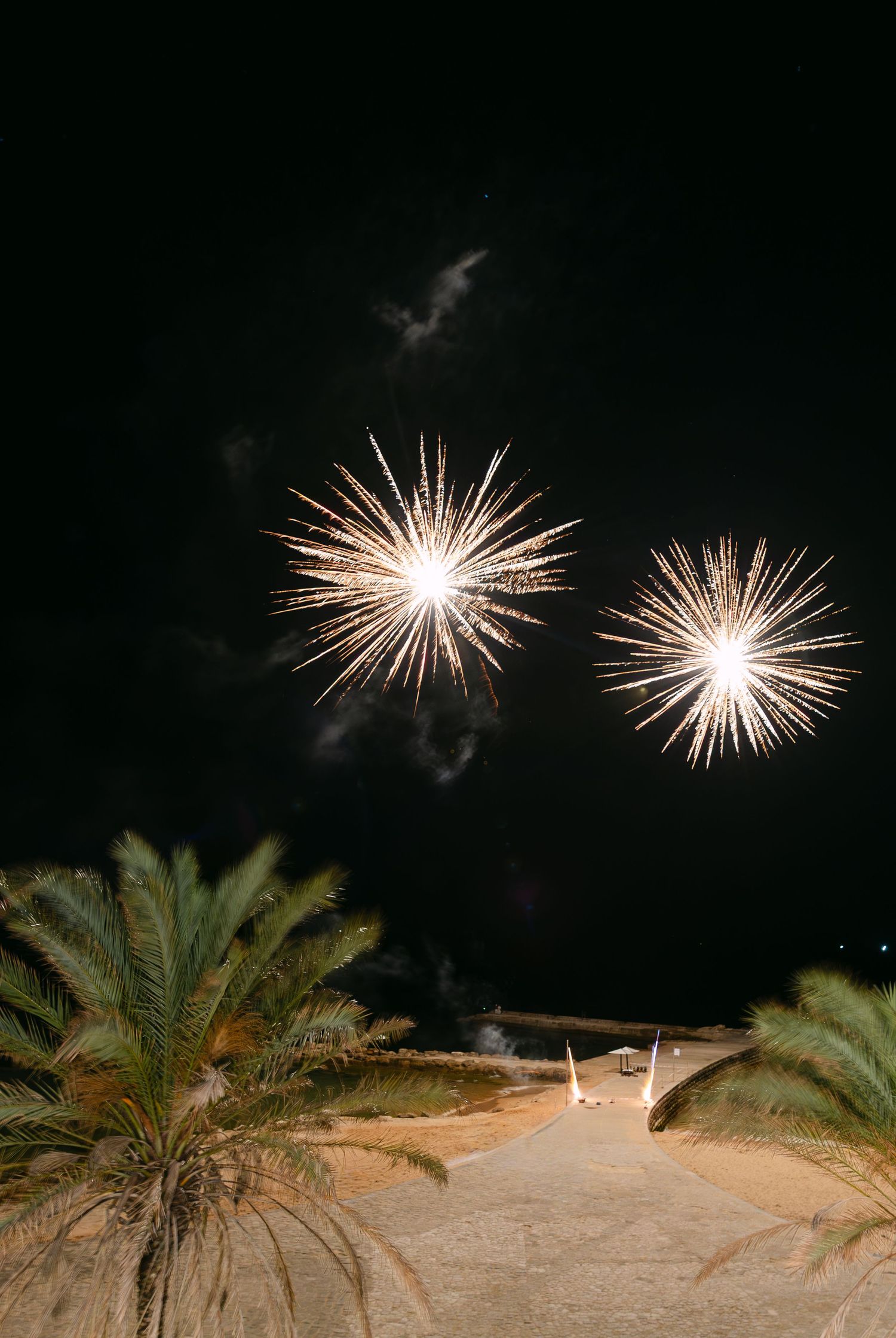 Golden fireworks illuminate palm trees against a dark night sky during a wedding celebration.