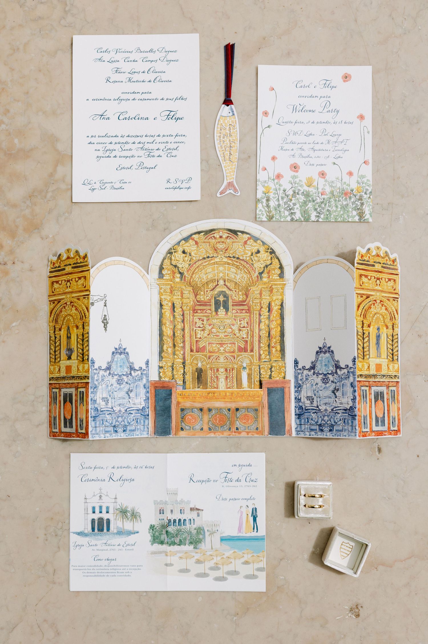 Wedding invitation suite with watercolor illustrations of a church altar and floral designs.