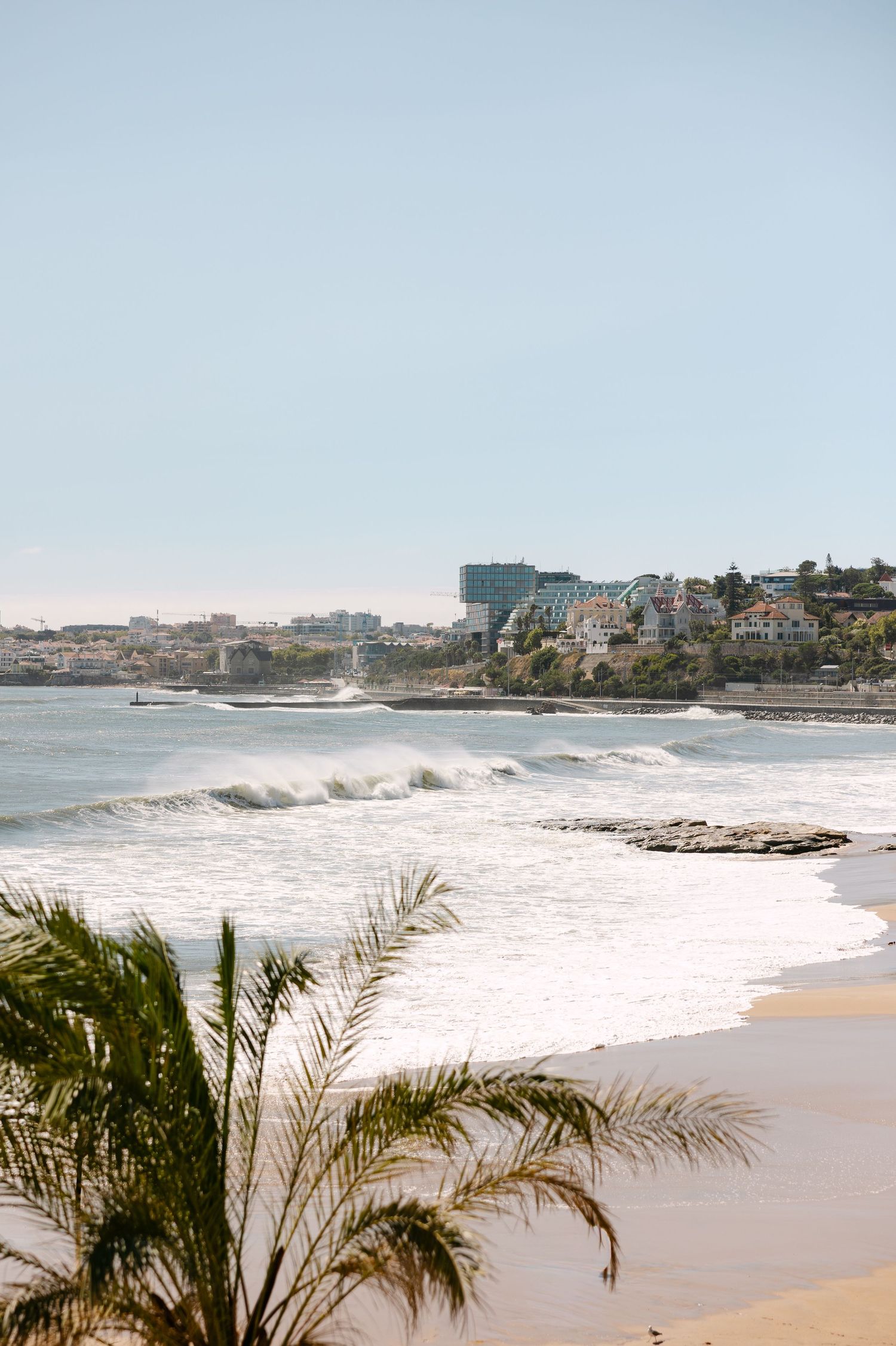 Coastal view of a beach with crashing waves and luxury homes perched on cliffs in the background.