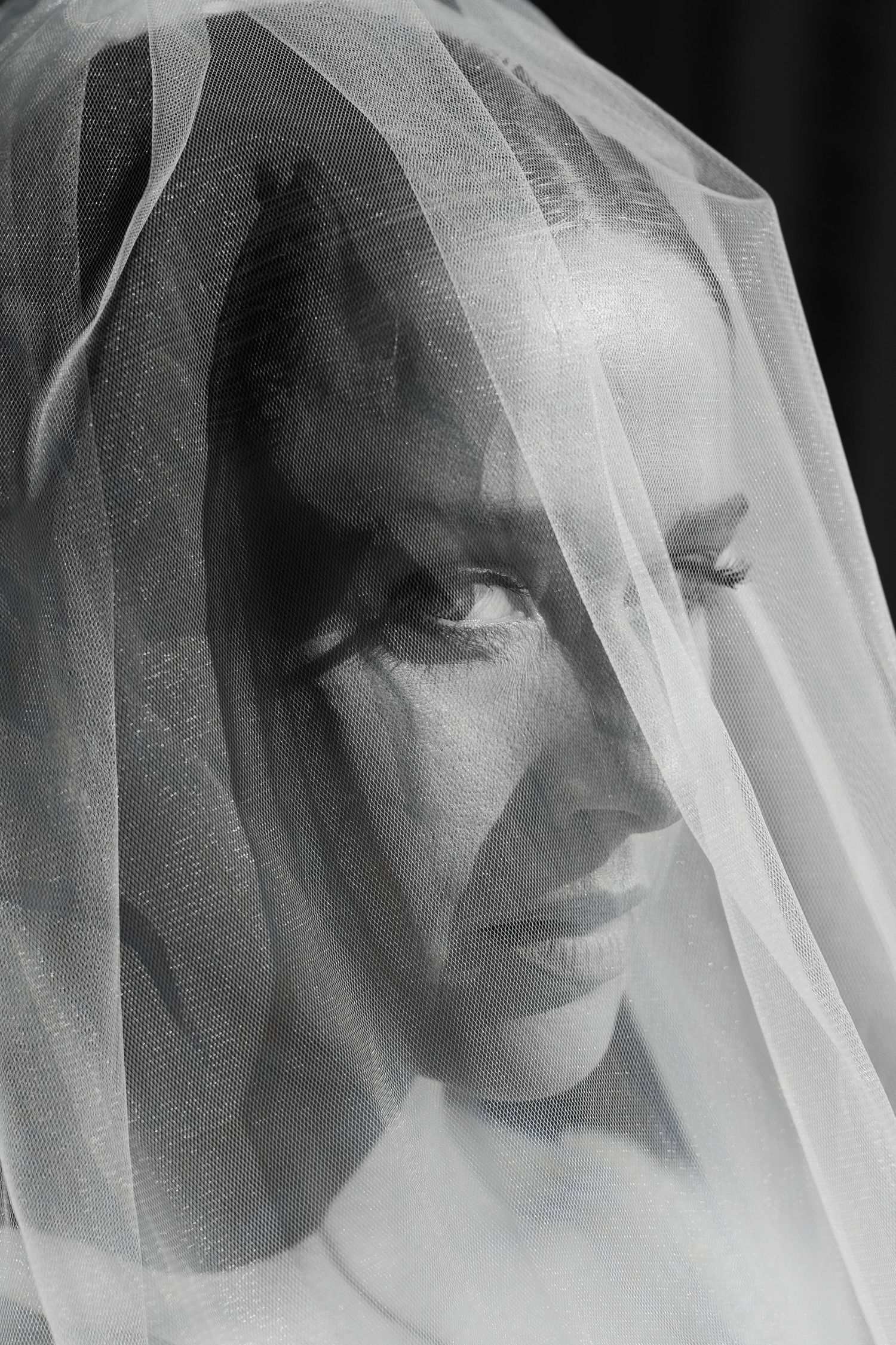 Artistic black and white closeup portraits through a delicate wedding veil.