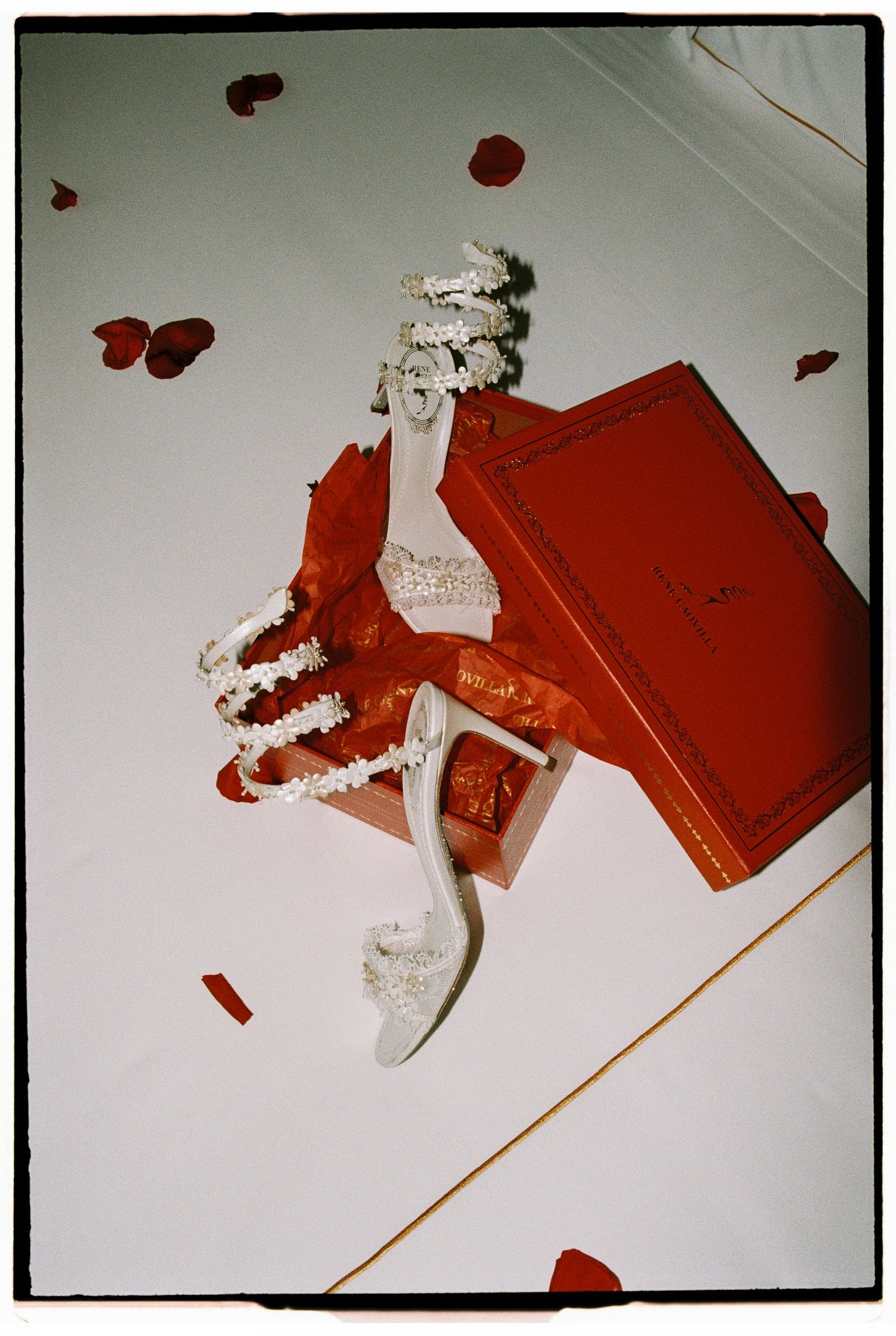 Elegant white crystal heels beside a red luxury shoe box, surrounded by scattered rose petals on white background.