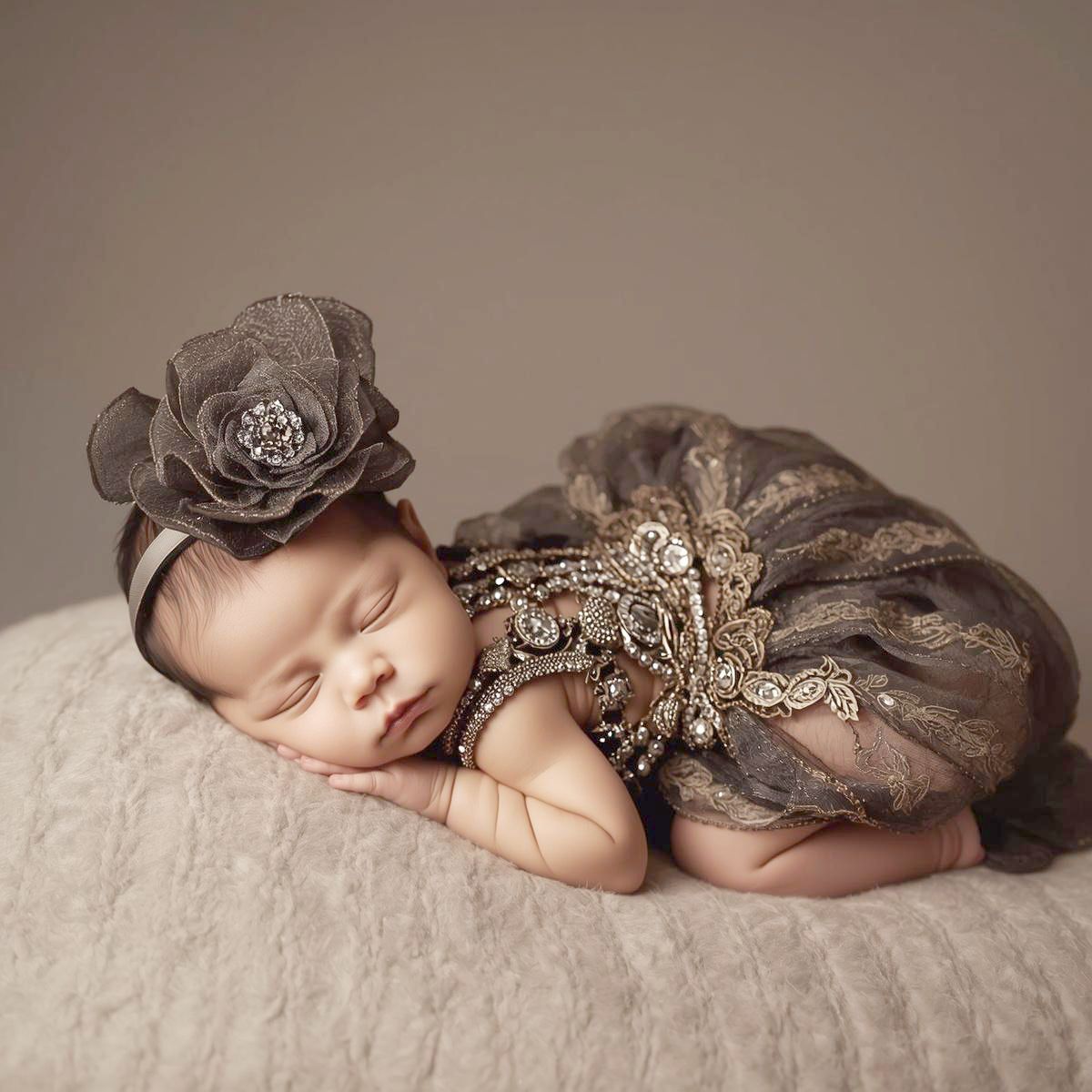 Sleeping newborn in gray lace wrap and floral headpiece rests peacefully on cream textured blanket.
