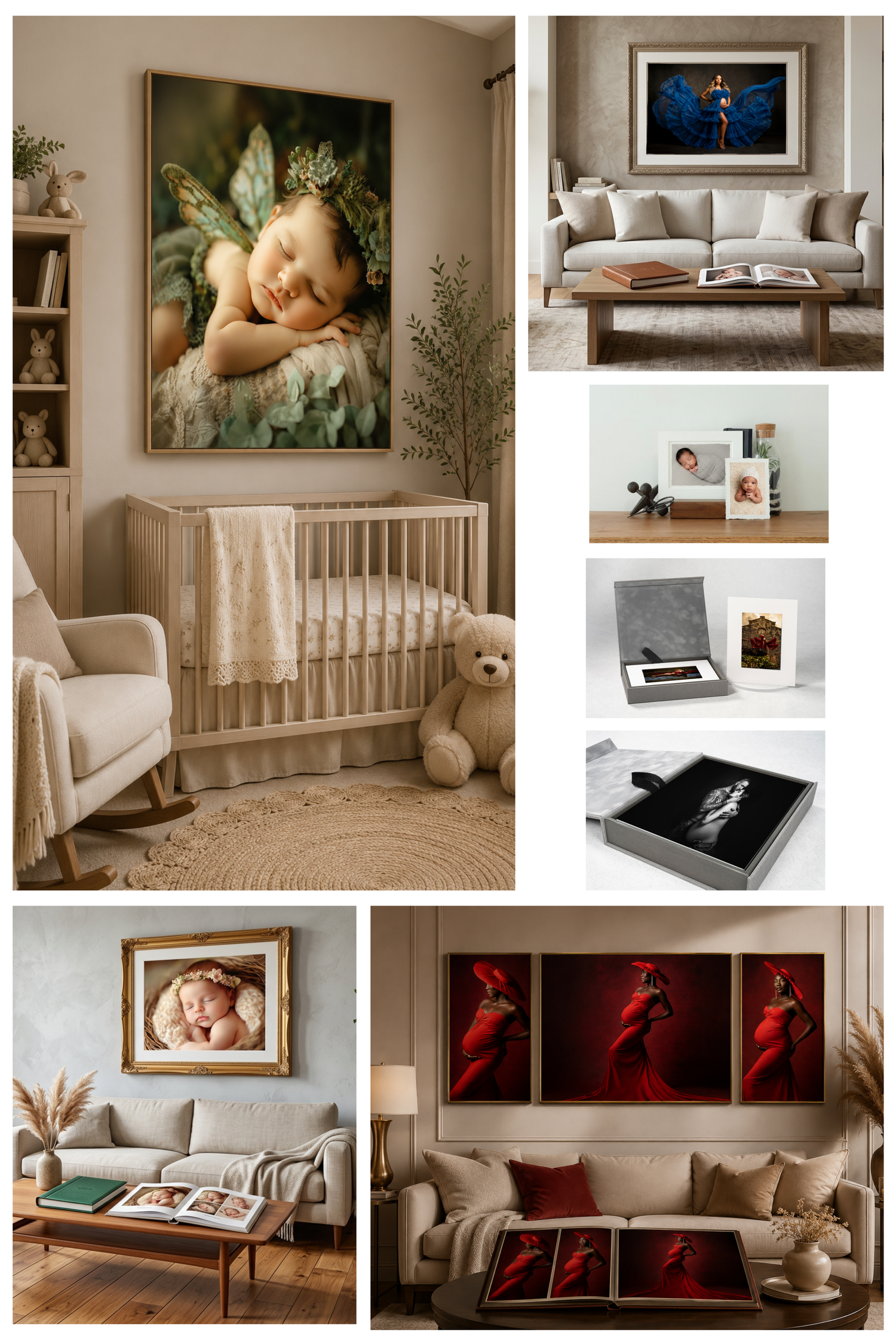 Collage of newborn and maternity photography wall art displays in nursery and living room settings.