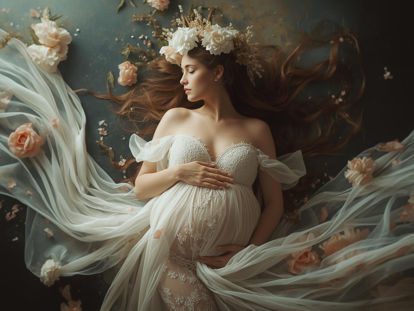 Ethereal figure in flowing white dress surrounded by dark butterflies in a dreamy artistic portrait series.
