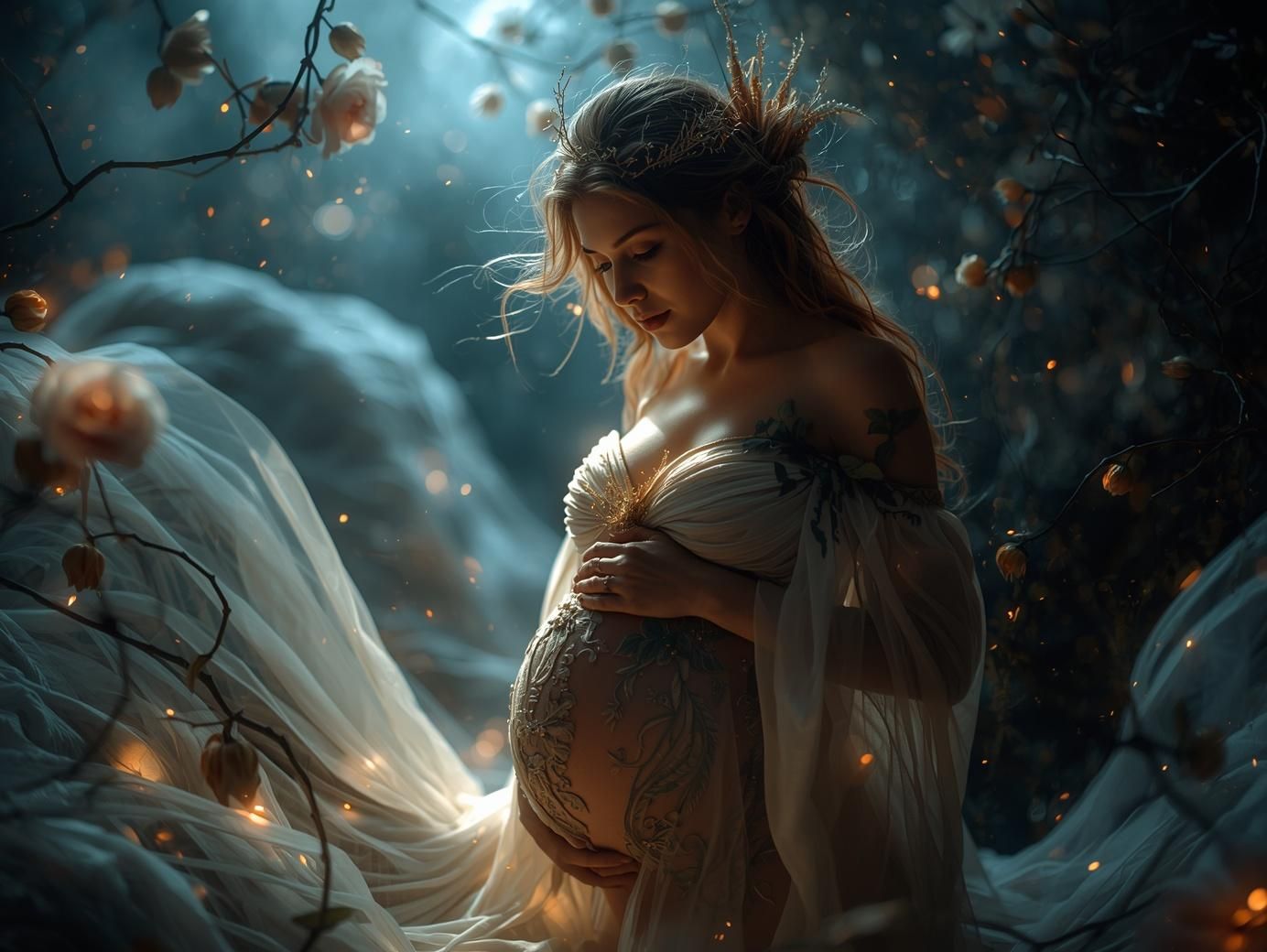 A dreamy ethereal scene shows a person in white flowing fabric surrounded by glowing embers in a mystical forest setting.