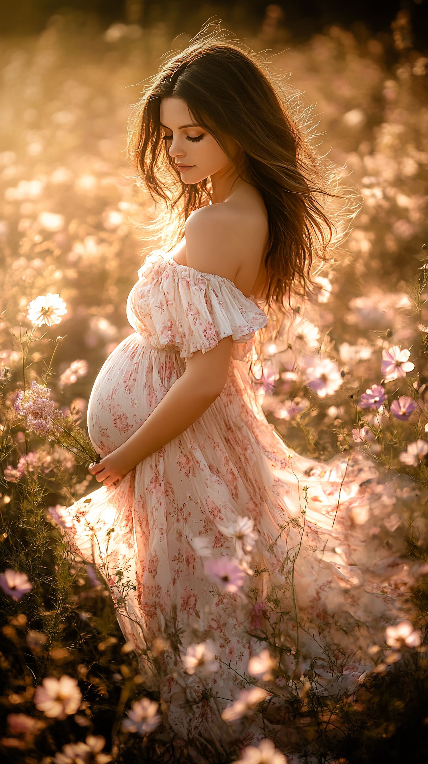 Pregnant woman in floral off-shoulder dress standing in blooming flower field during golden hour sunset.