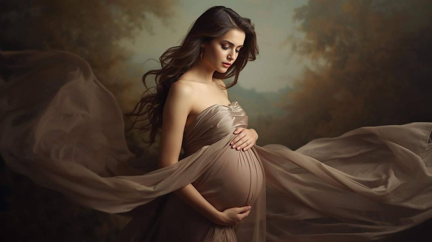 Ethereal maternity photos showing a woman in flowing beige fabric against dramatic cloudy backgrounds.