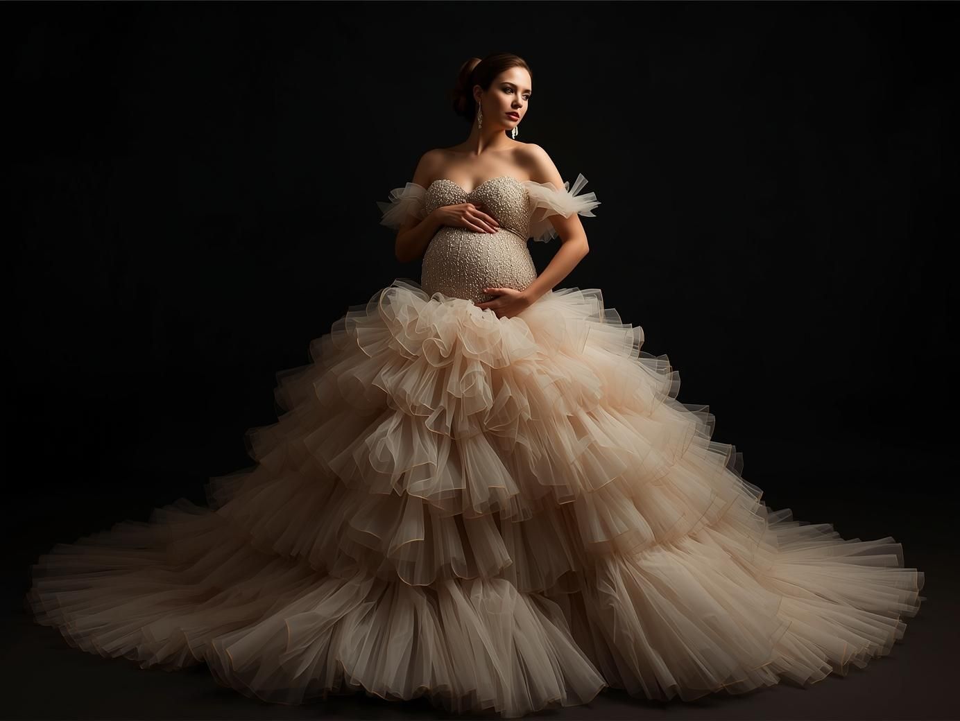 Professional portrait series showing a flowing champagne-colored ballgown against a dark background.
