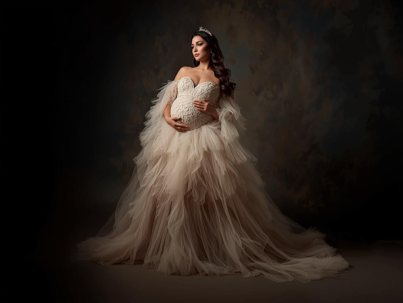 A dramatic maternity portrait featuring a flowing champagne tulle gown against a dark moody background.