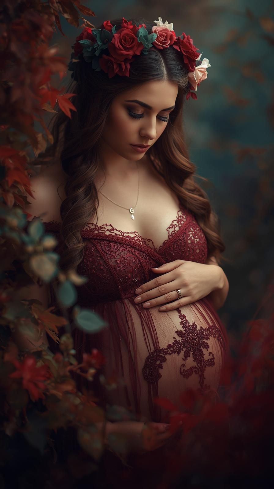A romantic maternity portrait in a burgundy lace dress with red roses in a moody autumn setting.