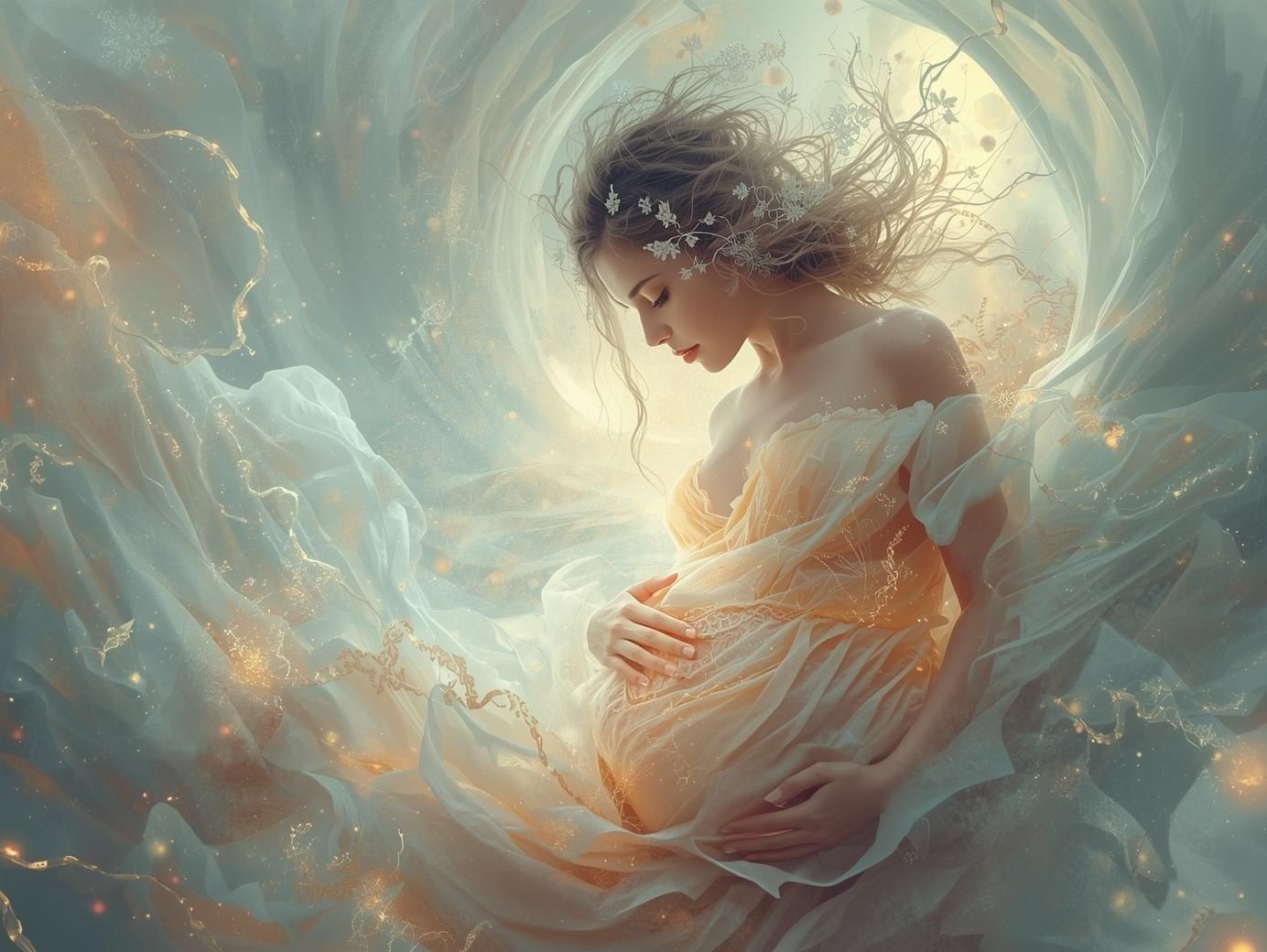Ethereal fantasy art depicting a figure in flowing white dress floating in dreamy clouds with glowing moonlight behind them.