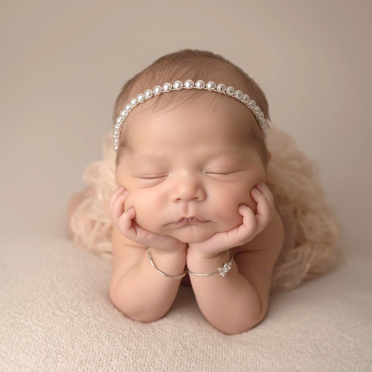 Sleeping newborn baby in soft beige tones lying on textured fabric with delicate headband accessory.