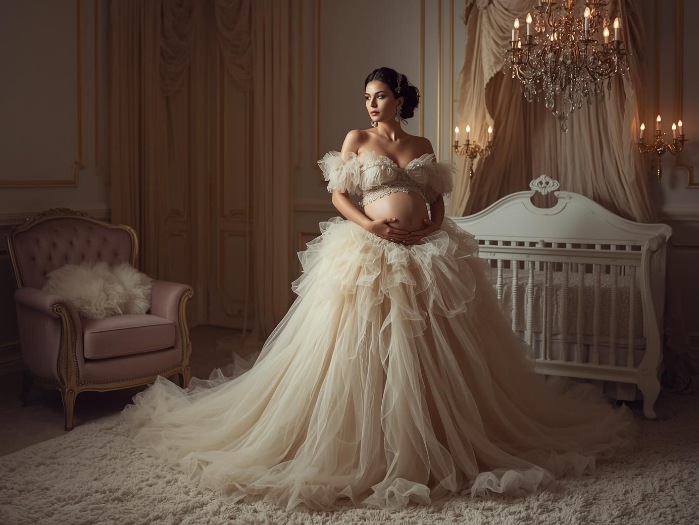 Elegant maternity photos in a luxurious room with crystal chandeliers and cream-colored furniture.