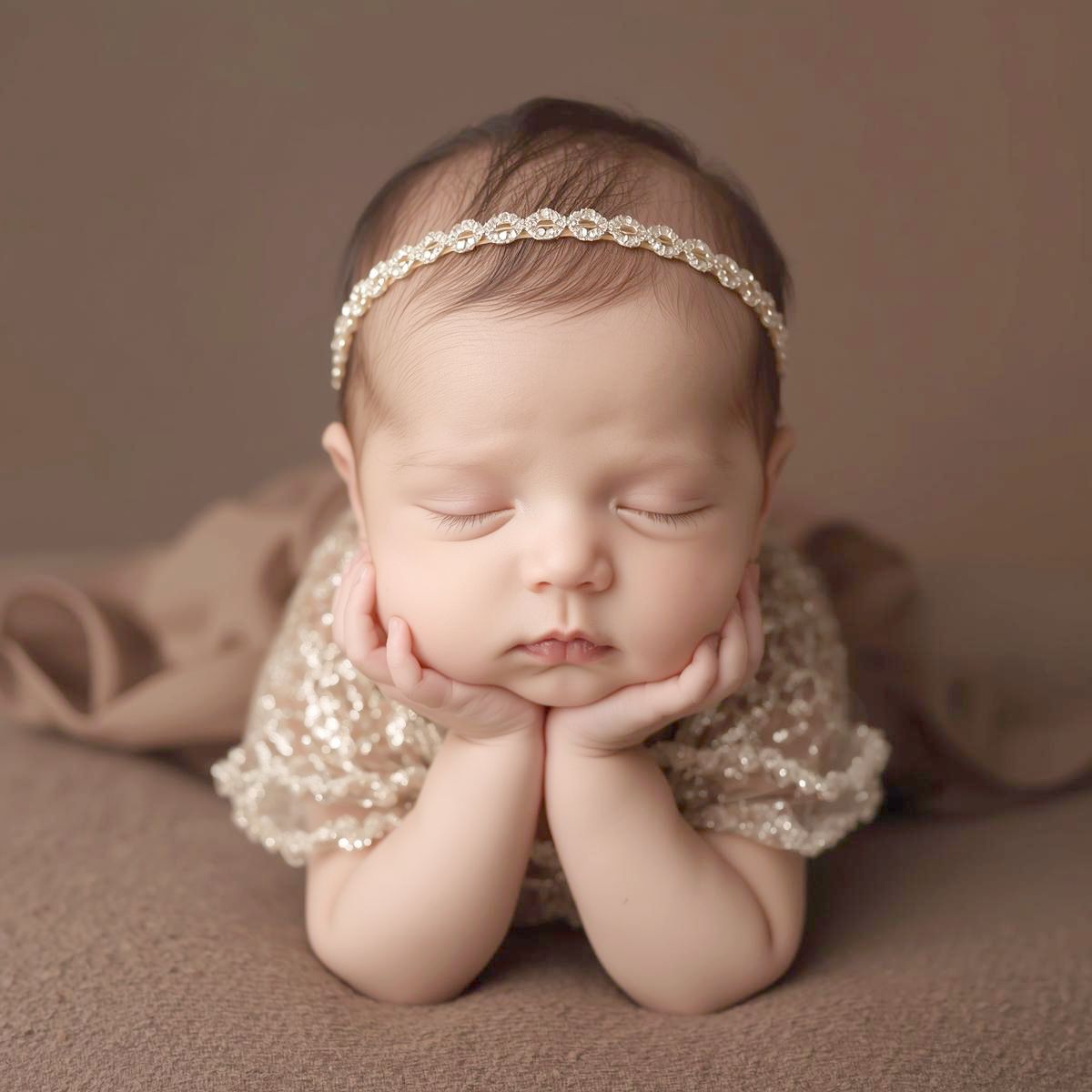 Newborn baby wearing delicate pearl headband sleeping peacefully on brown fabric in artistic composite photo.