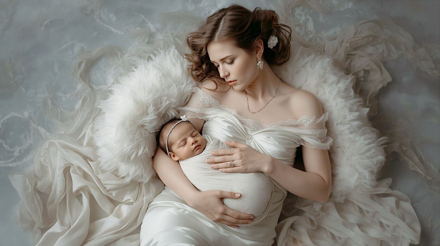 A newborn baby sleeps peacefully nestled in soft white feathers and fabric during a professional photo session.