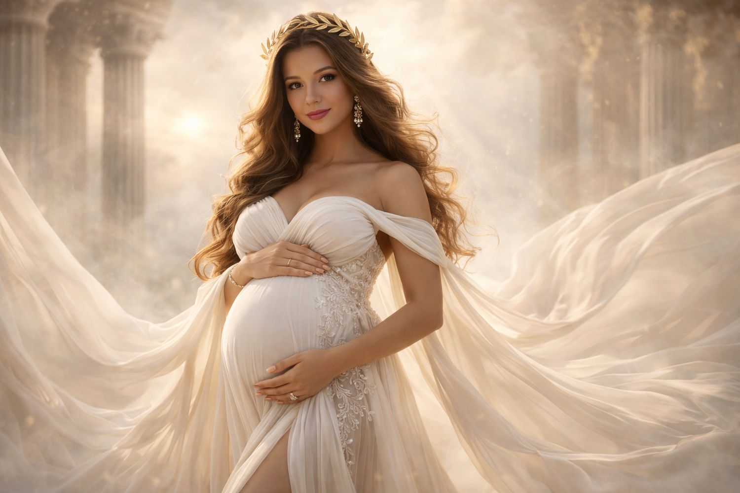 Ethereal maternity portrait in flowing white off-shoulder gown with dramatic fabric movement in dreamy lighting.