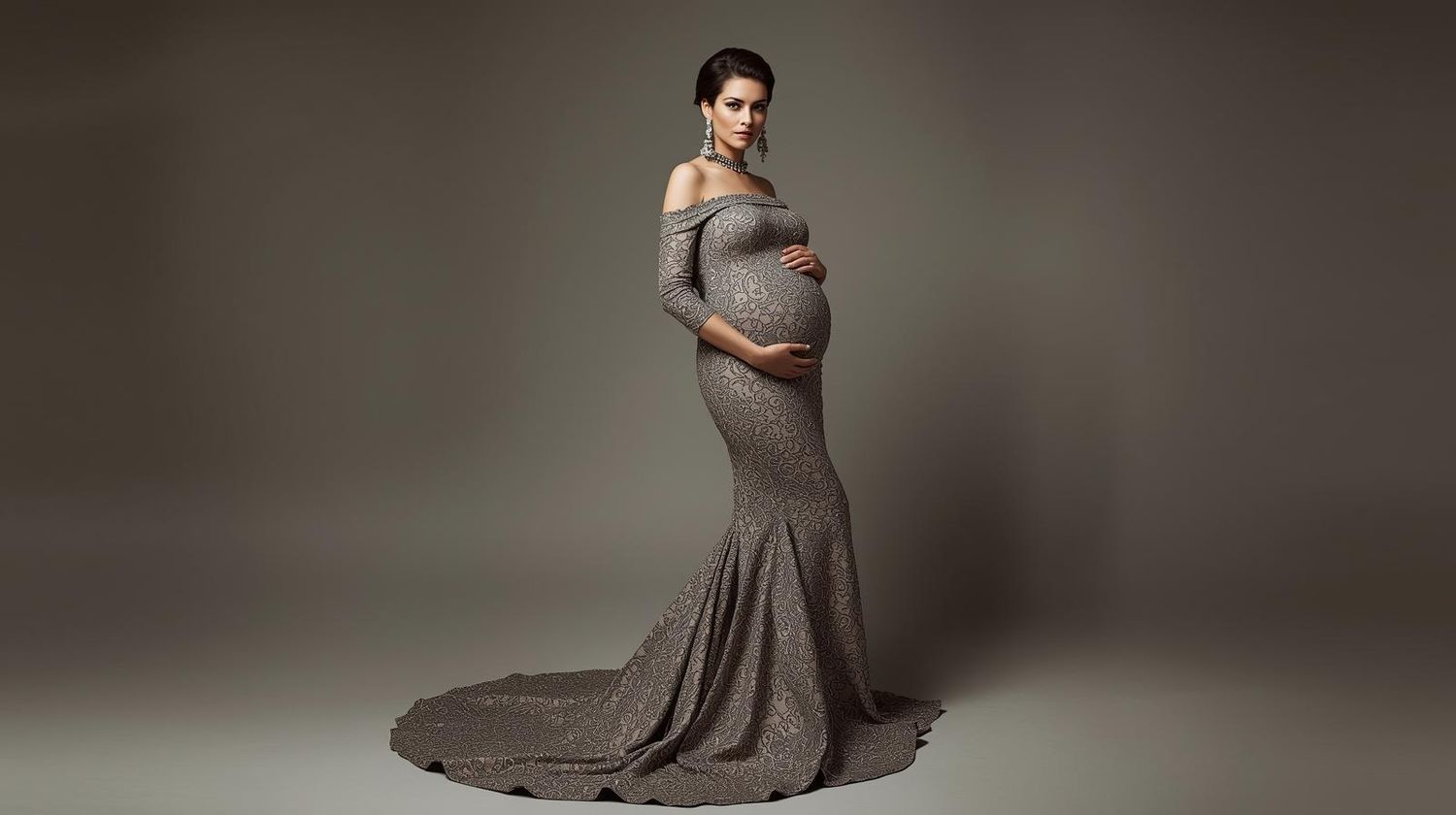 A flowing brown dress is captured in six sequential poses against a neutral studio backdrop.