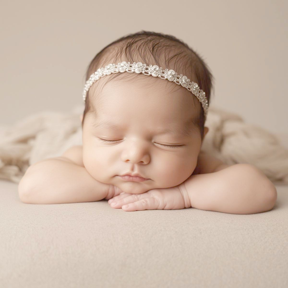 Newborn baby sleeping peacefully on beige blanket in artistic composite photo collage.