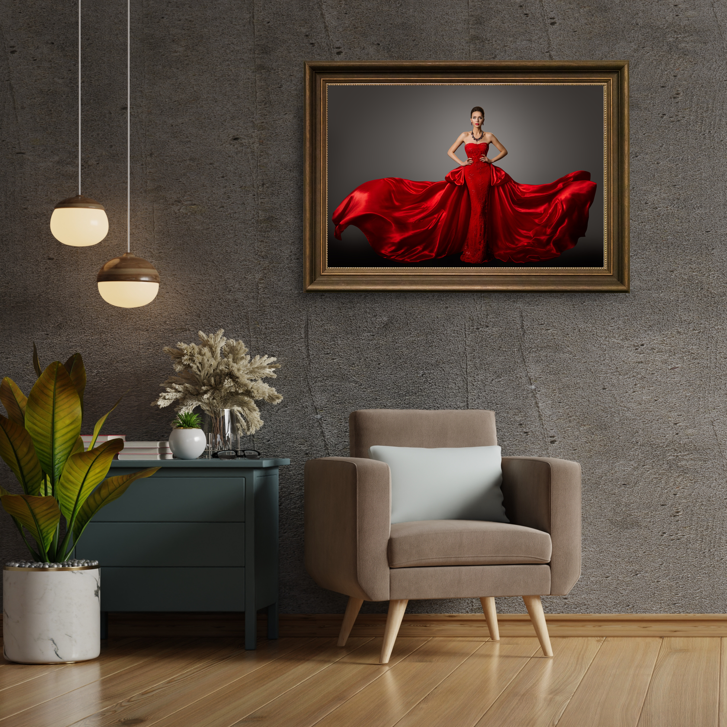 Framed art print of a woman in a flowing red gown displayed on a stone wall above a beige armchair and teal console.