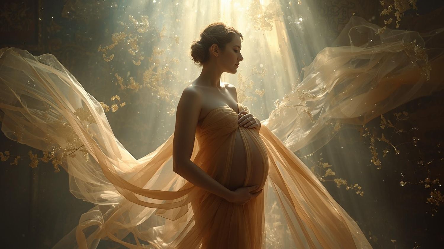 A bride in a flowing white dress stands gracefully in golden sunlight as her veil billows in the wind.