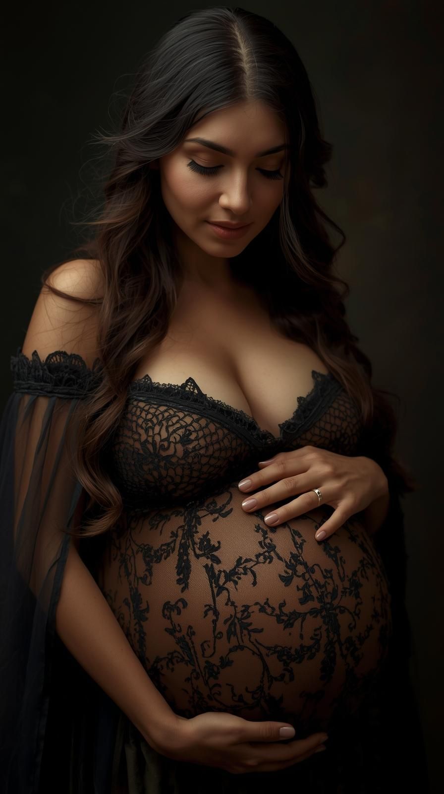 Artistic maternity photo series in black lace dress against dark background showing elegant silhouette and details.