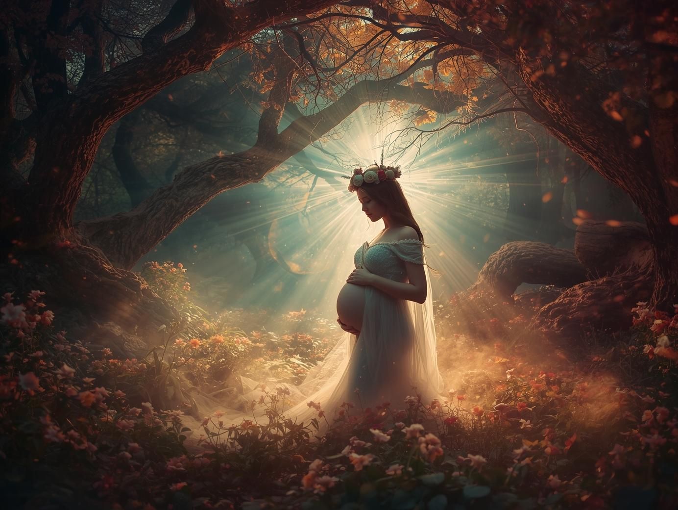 A silhouetted figure stands in a mystical forest with glowing light rays filtering through autumn leaves.