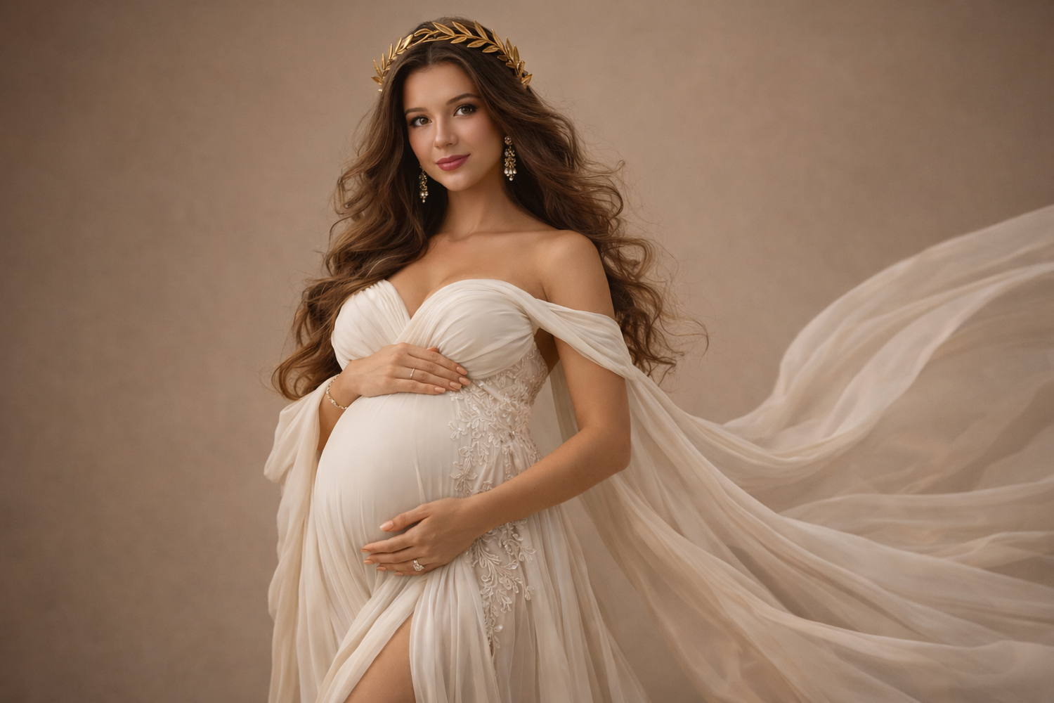 Elegant maternity portrait featuring a flowing white off-shoulder gown with ethereal fabric against a warm brown backdrop.