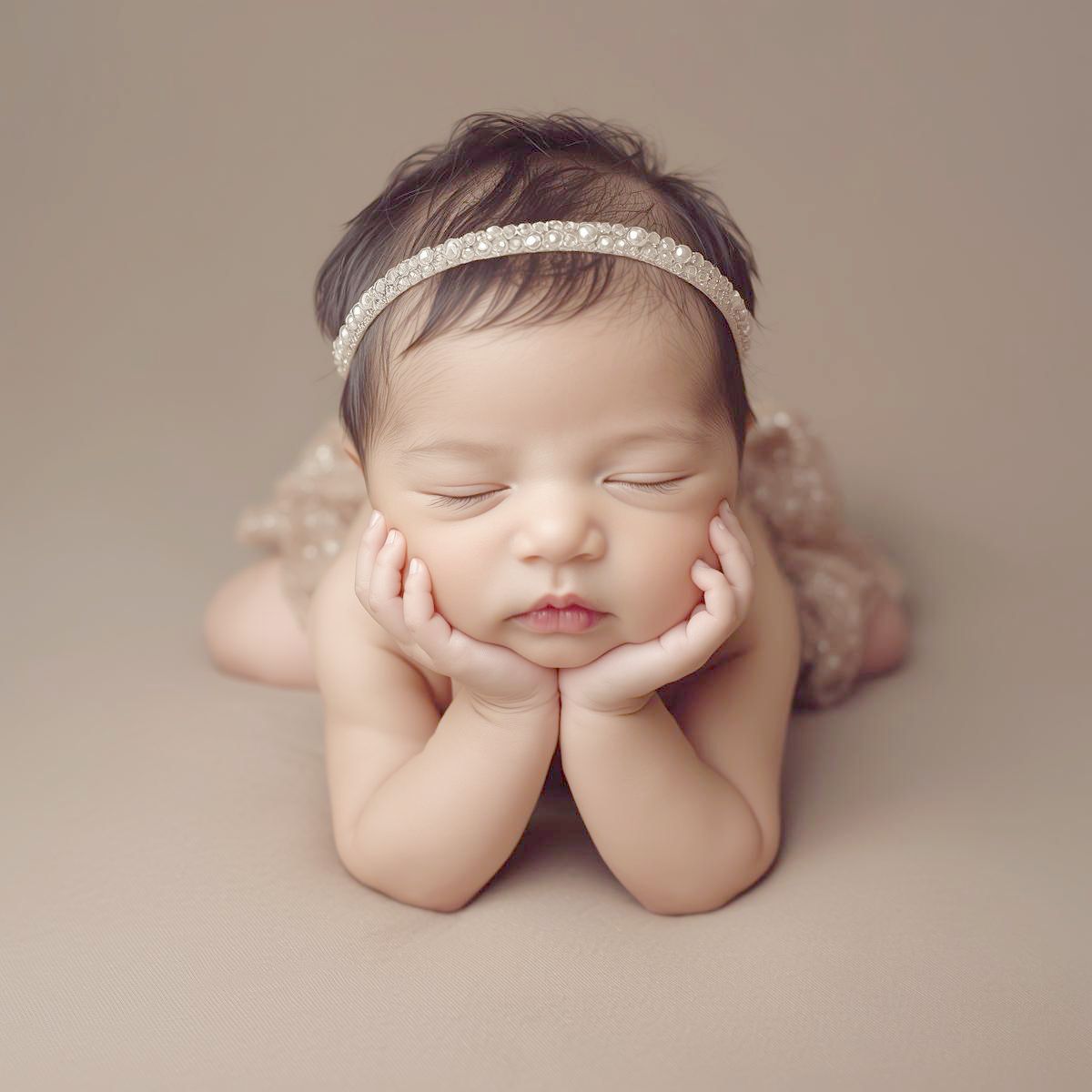Sleeping newborn baby in soft beige tones lying on stomach with hands under chin wearing delicate lace headband.