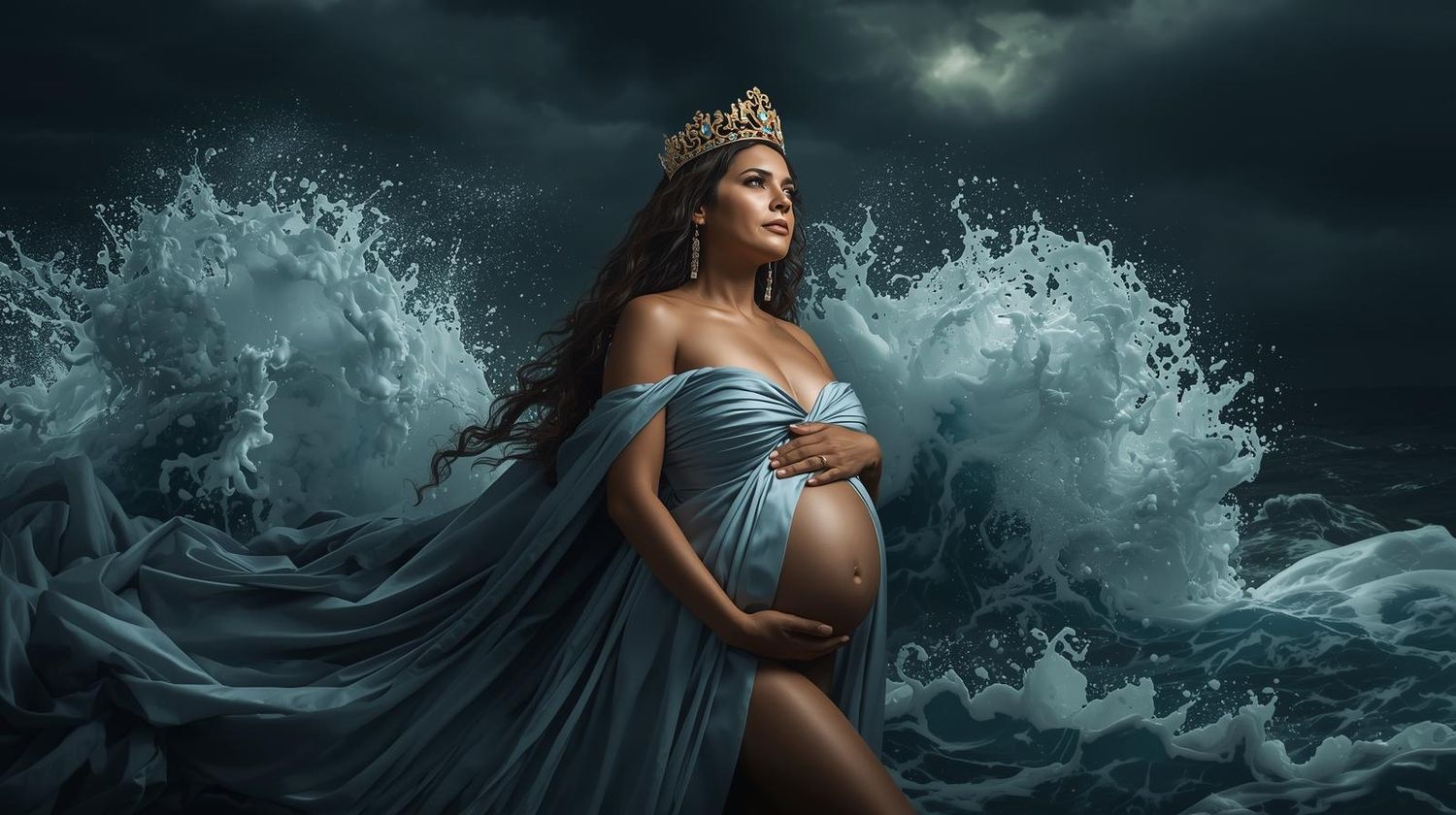A dramatic series of photos showing a woman in flowing fabric posing with dynamic water splashes against a dark background.