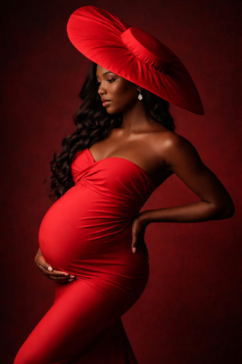Pregnant Black woman in red strapless gown and wide-brim hat poses elegantly against dark red background.