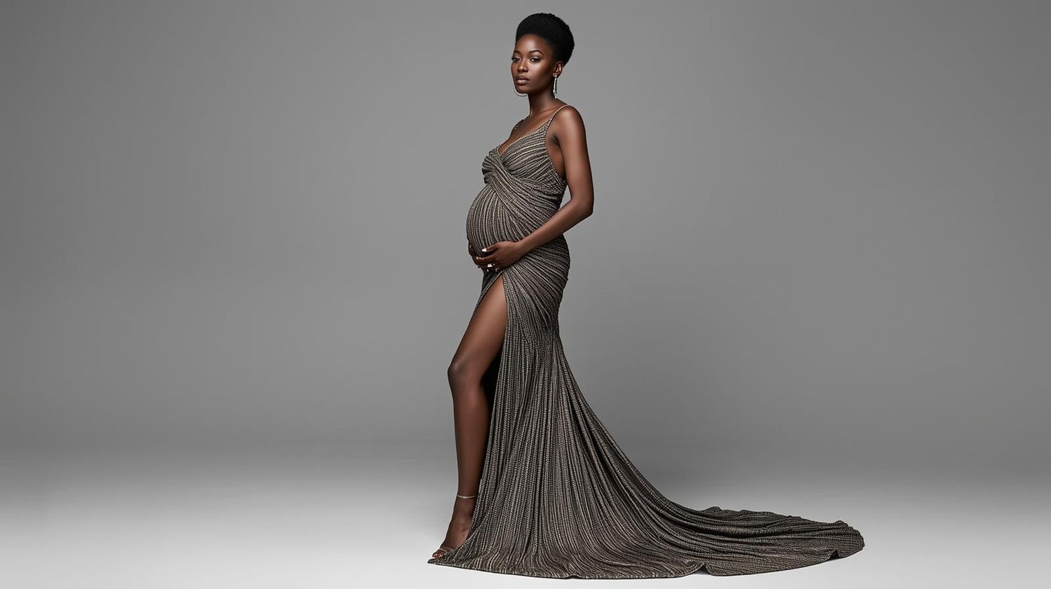 A pregnant woman poses elegantly in a flowing olive green gown with a thigh-high slit against a gray backdrop.