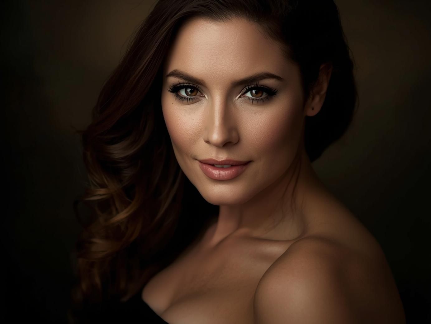 Beautiful portrait with dramatic lighting showcases soft makeup and flowing dark hair against a dark background.
