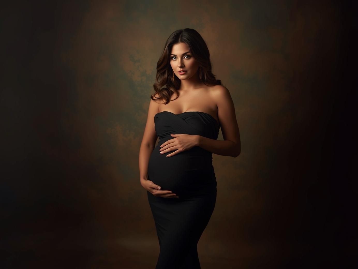 A series of seven dramatic maternity portraits showing a woman in a black dress against a dark background.