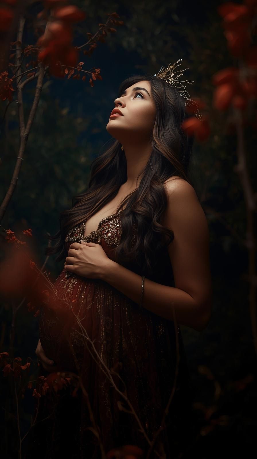 Ethereal portrait in dark moody forest with golden crown and red autumn leaves creating mystical atmosphere.