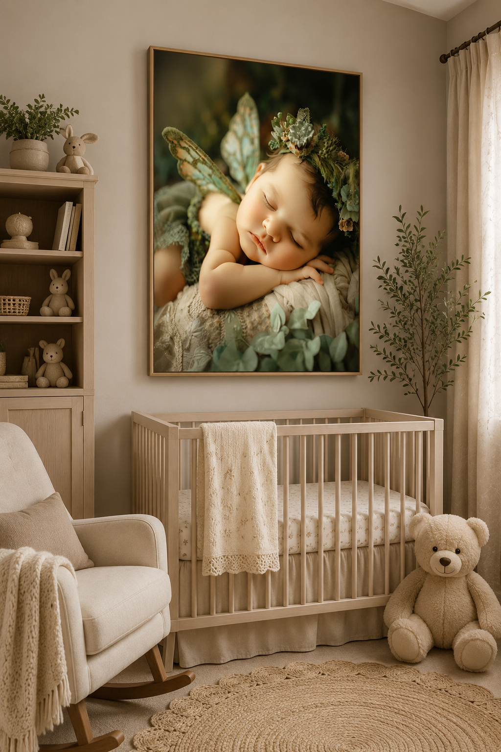 Serene nursery with white crib, rocking chair, teddy bear, and fairy baby wall art in soft neutral tones.