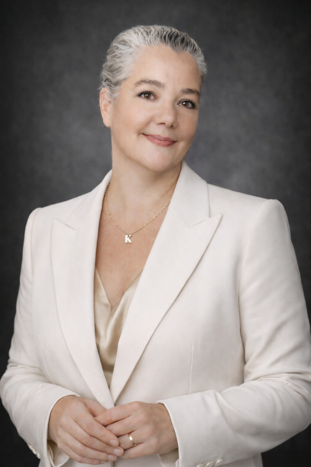 Professional woman in white blazer with gray hair smiling confidently, wearing a gold initial necklace.