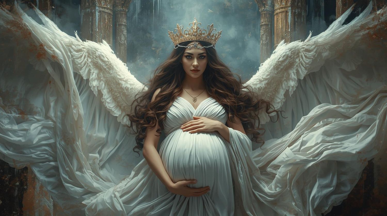 A mystical figure in a white flowing dress with angel wings stands ethereally against a dark turquoise background.