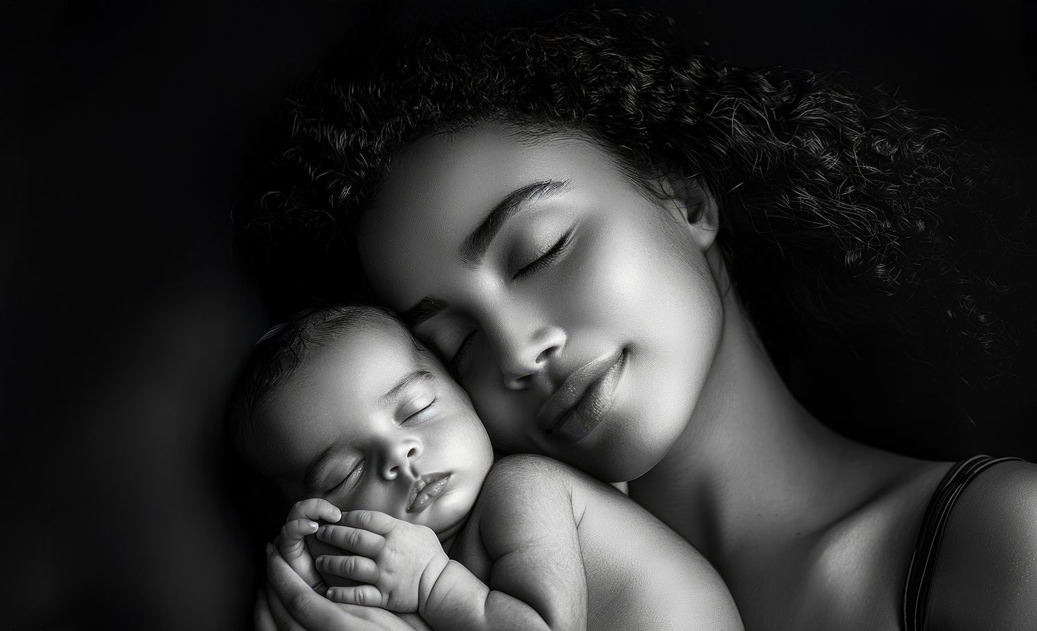 Black and white photo of a young mother tenderly cradling her sleeping newborn baby against her cheek.