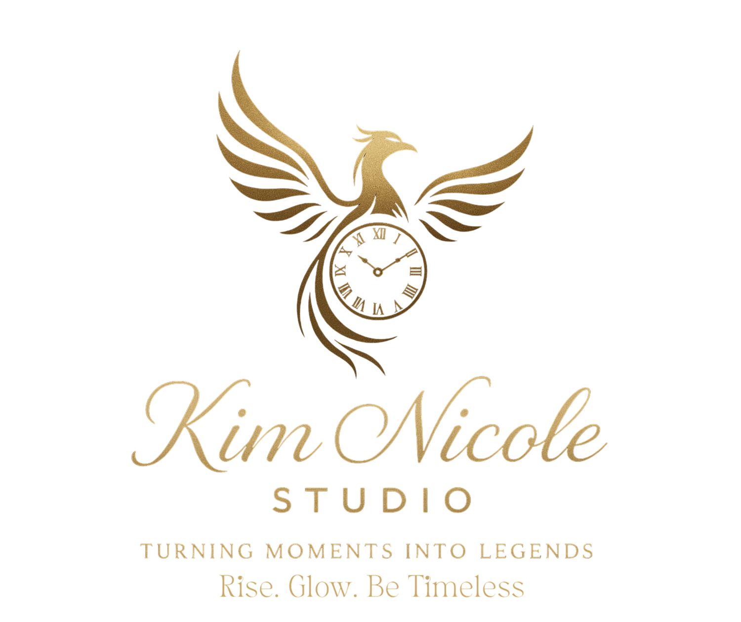 Elegant gold photography studio branding with phoenix bird motifs and text.