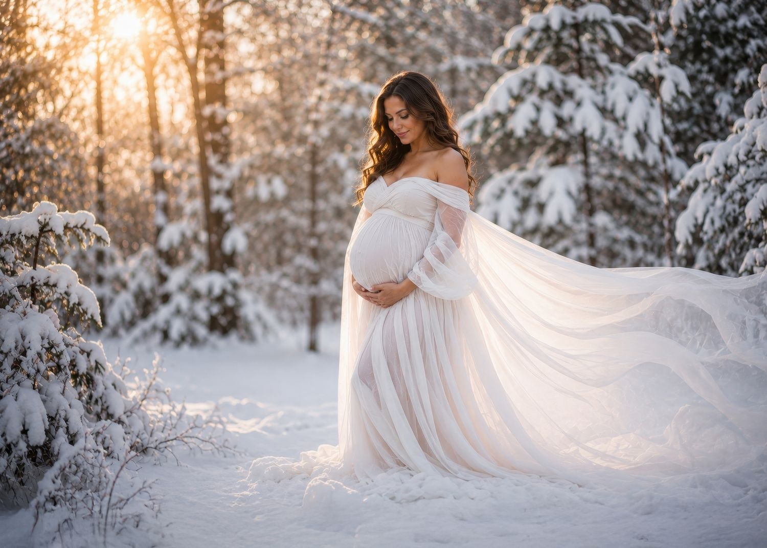 Pregnant woman in white flowing gown poses in snowy winter forest at golden hour sunset.