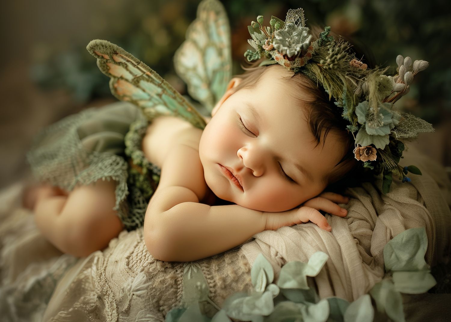 A sleeping baby dressed as a fairy with butterfly wings and a floral crown rests peacefully on soft green fabric.
