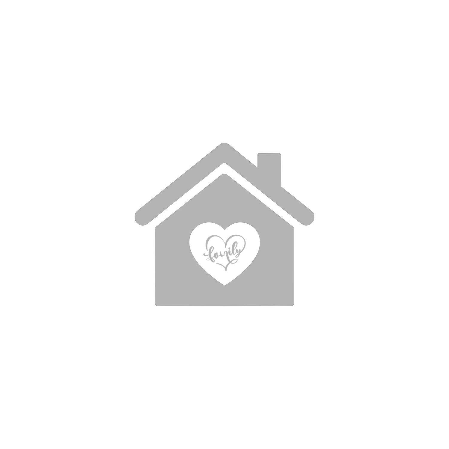 Gray house icon with a white heart shape containing cursive text, symbolizing a loving home concept.