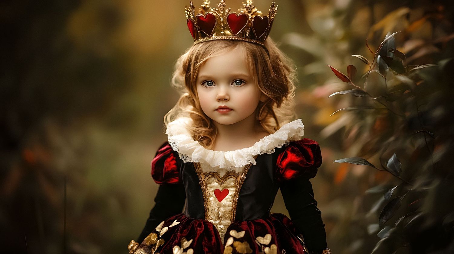 Young girl dressed as Queen of Hearts in black red gold gown and crown poses outdoors in enchanted forest setting.