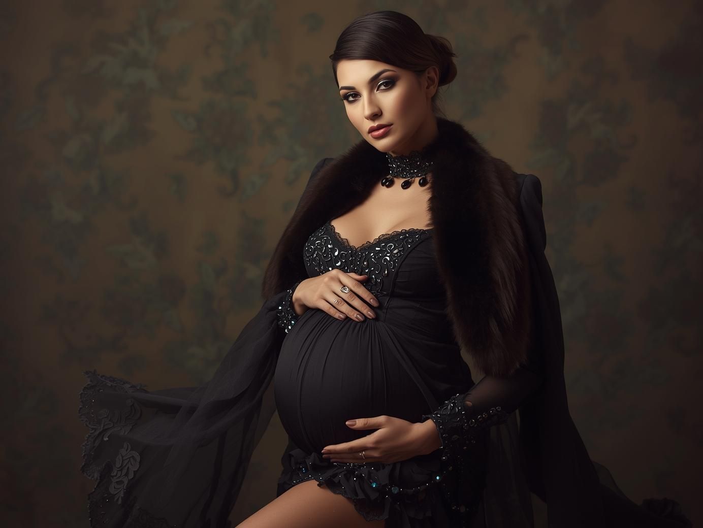 Elegant maternity portrait featuring dark lace lingerie and fur coat against moody dramatic backdrop.