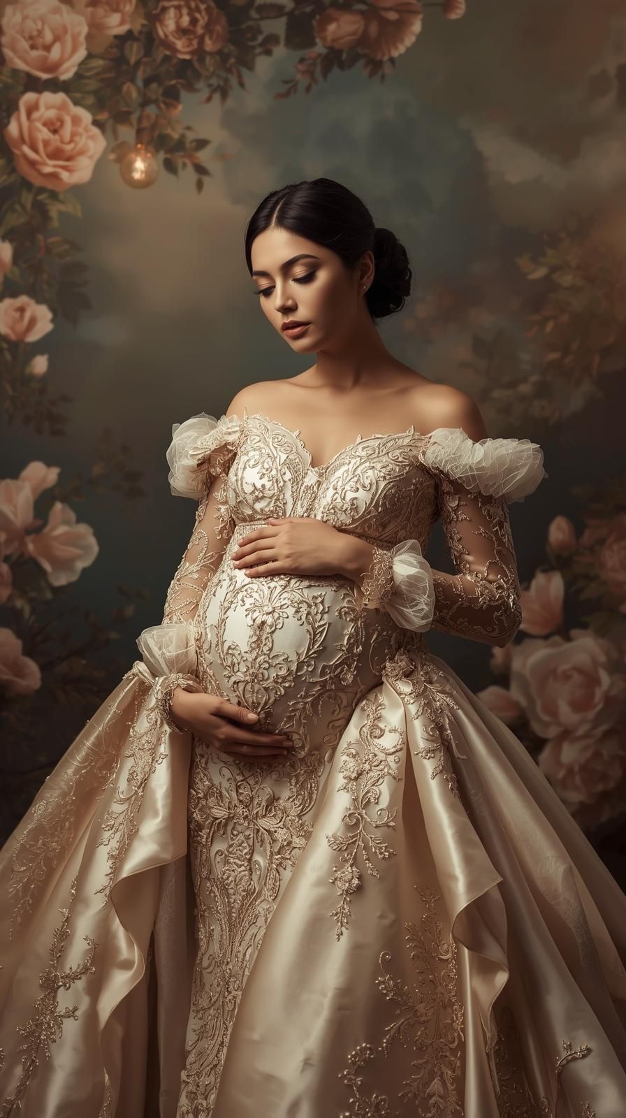 Elegant maternity portrait with vintage-inspired lace gown and peach roses in the background.