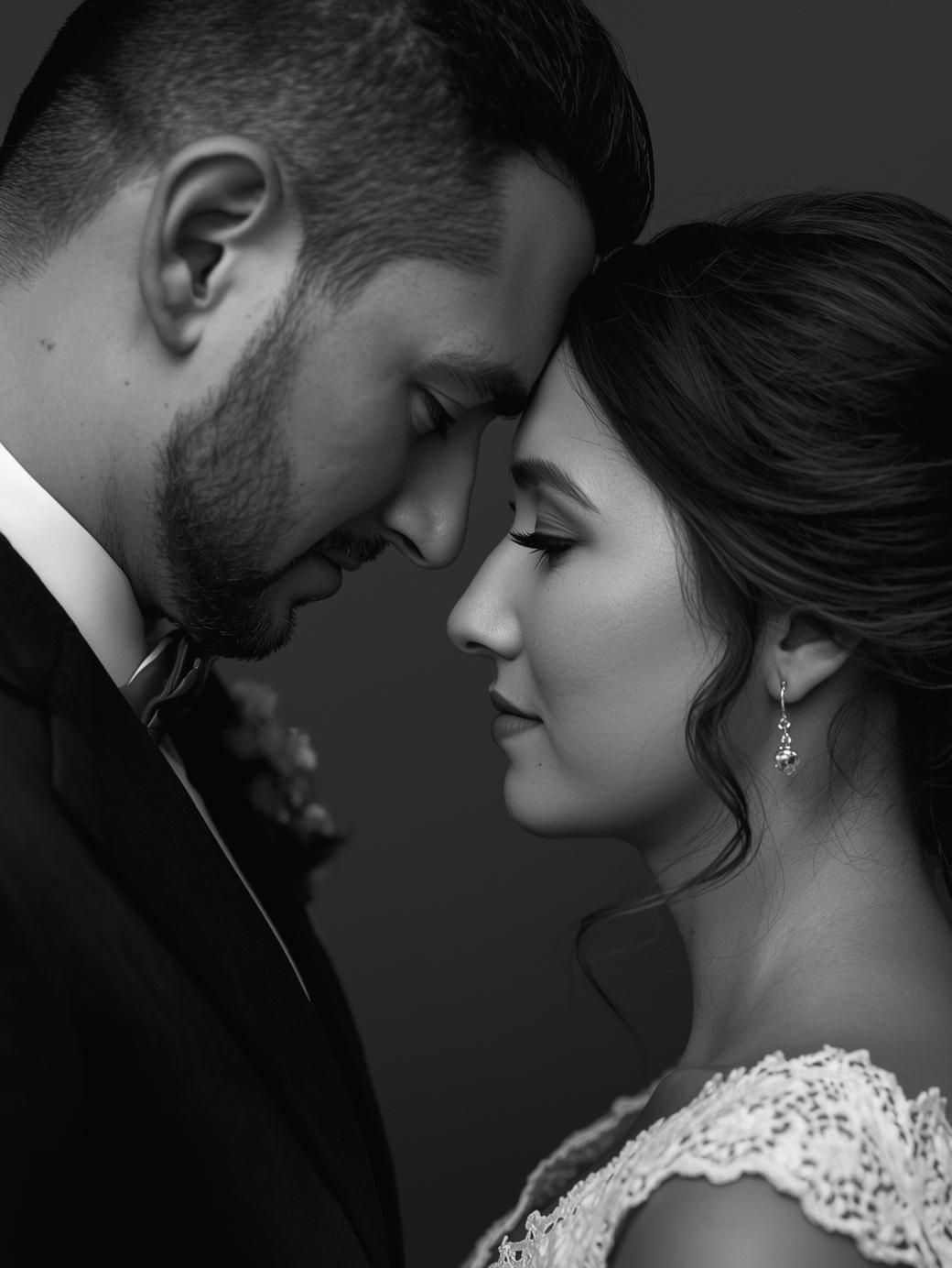 Black and white portrait of bride and groom touching foreheads, sharing an intimate moment on their wedding day.